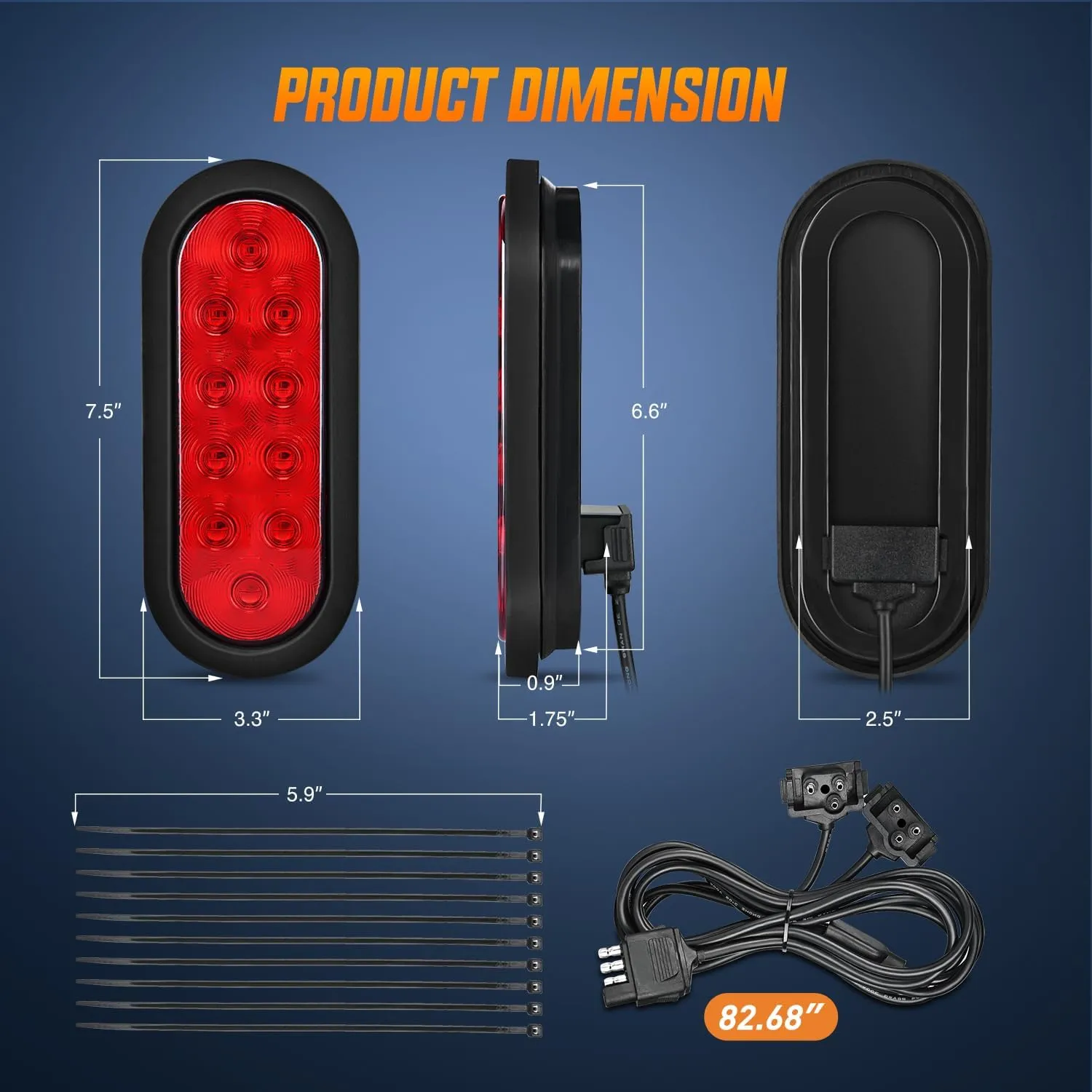 6 Inch Oval Red LED Hitch Cargo Carrier Trailer Tail Lights W/ Flush Mount Grommets Wire Harness (Pair)