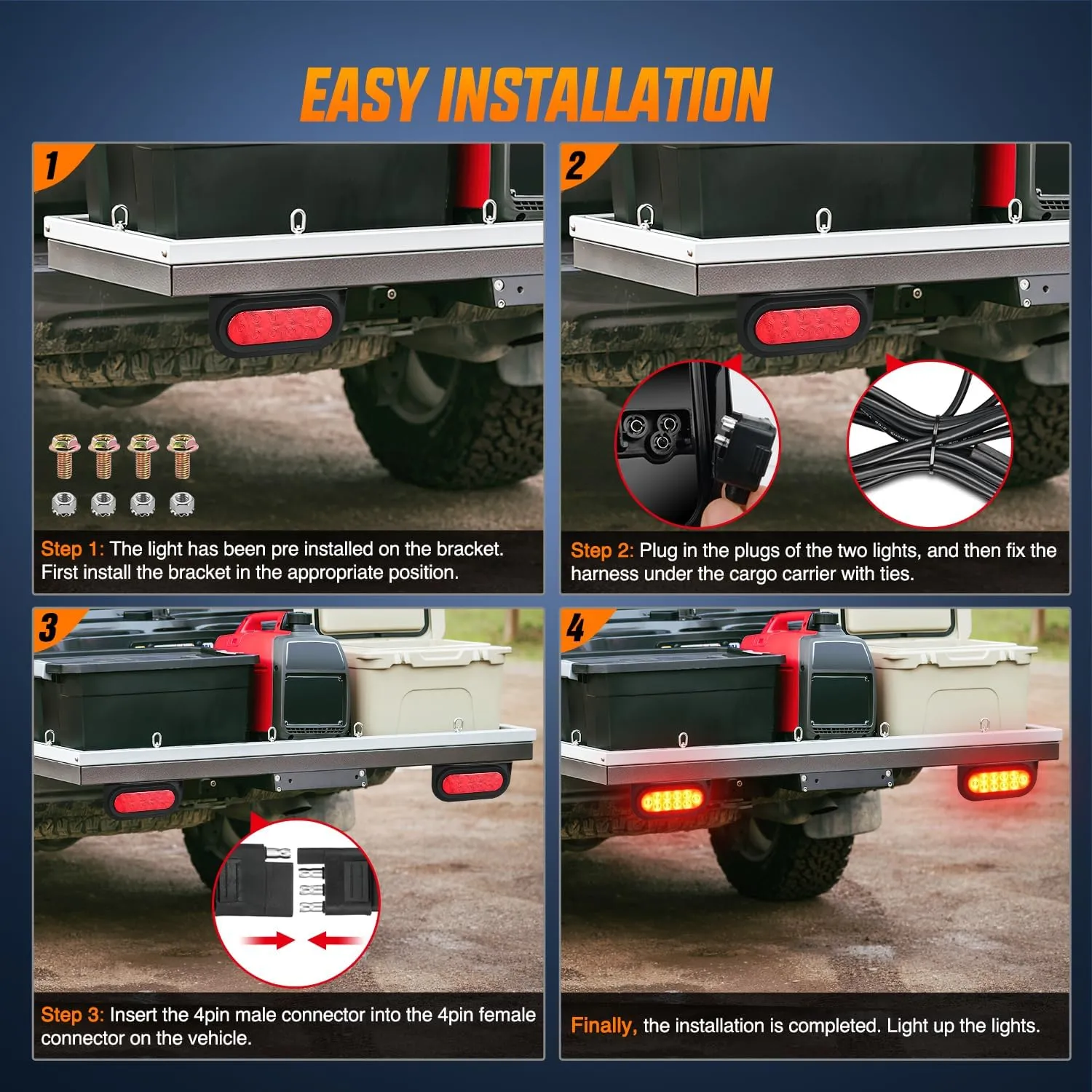 6 Inch Oval Red LED Hitch Cargo Carrier Trailer Tail Lights W/ Flush Mount Grommets Wire Harness (Pair)