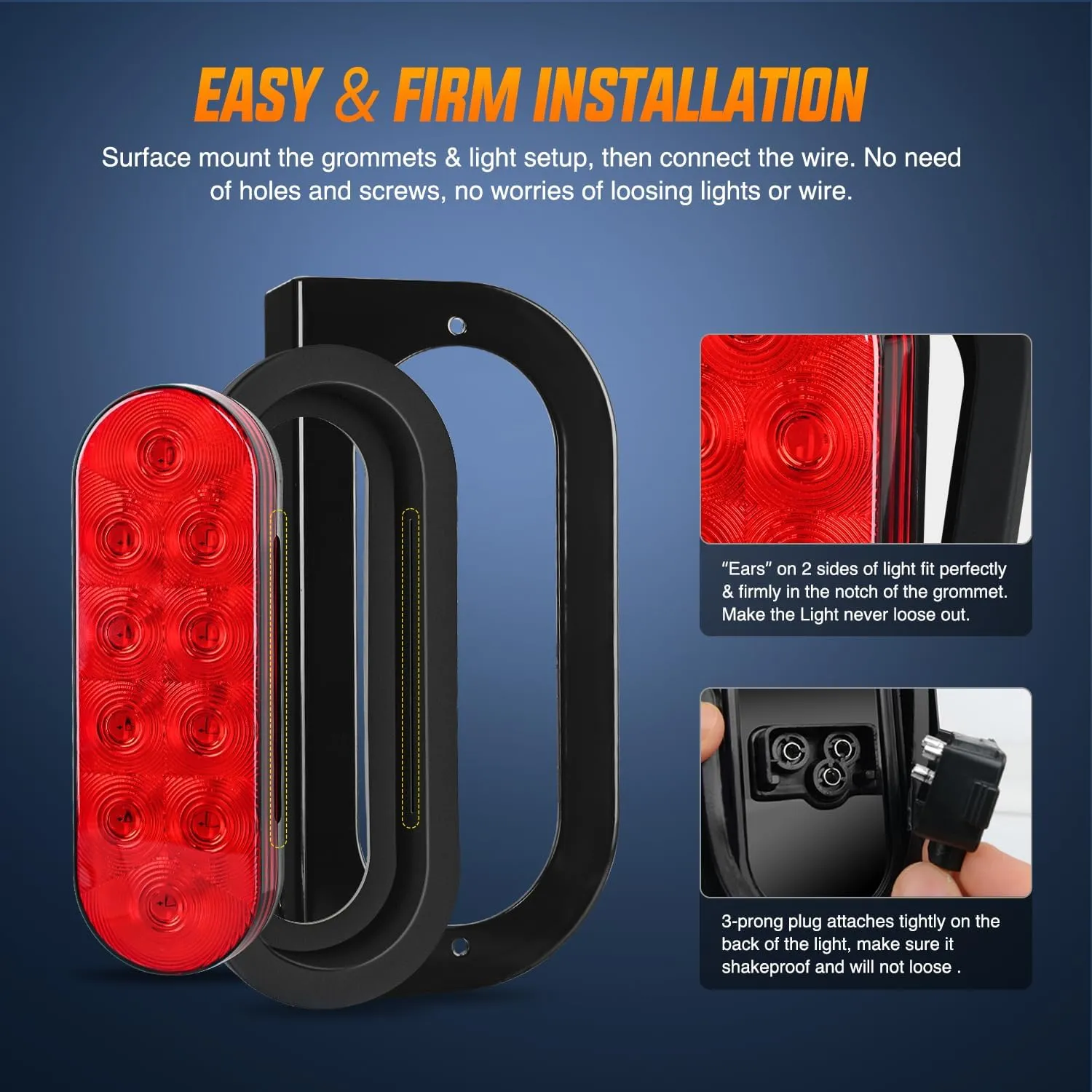 6 Inch Oval Red LED Hitch Cargo Carrier Trailer Tail Lights W/ Flush Mount Grommets Wire Harness (Pair)
