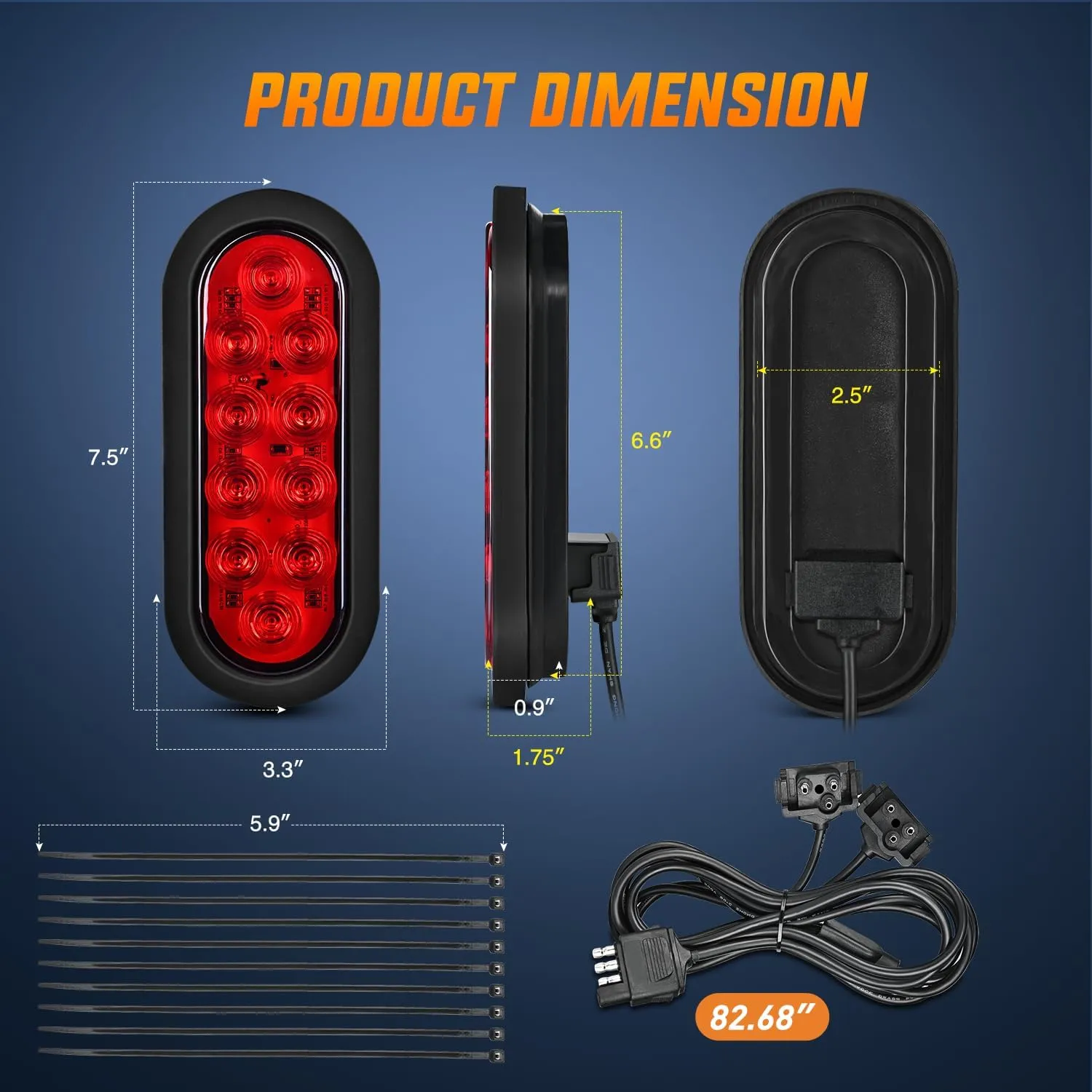 6 Inch Oval Red LED Trailer Tail Lights W/ Flush Mount Grommets Wire Harness (Pair)