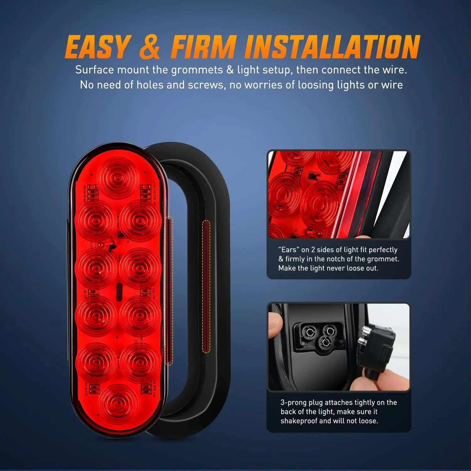 6 Inch Oval Red LED Trailer Tail Lights W/ Flush Mount Grommets Wire Harness (Pair)
