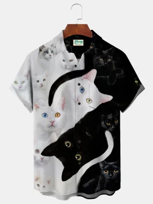 Alohadaddy Cute Black and White Cat Men's Casual Shirt Fun Cartoon Aloha Button Pocket Animal Shirts
