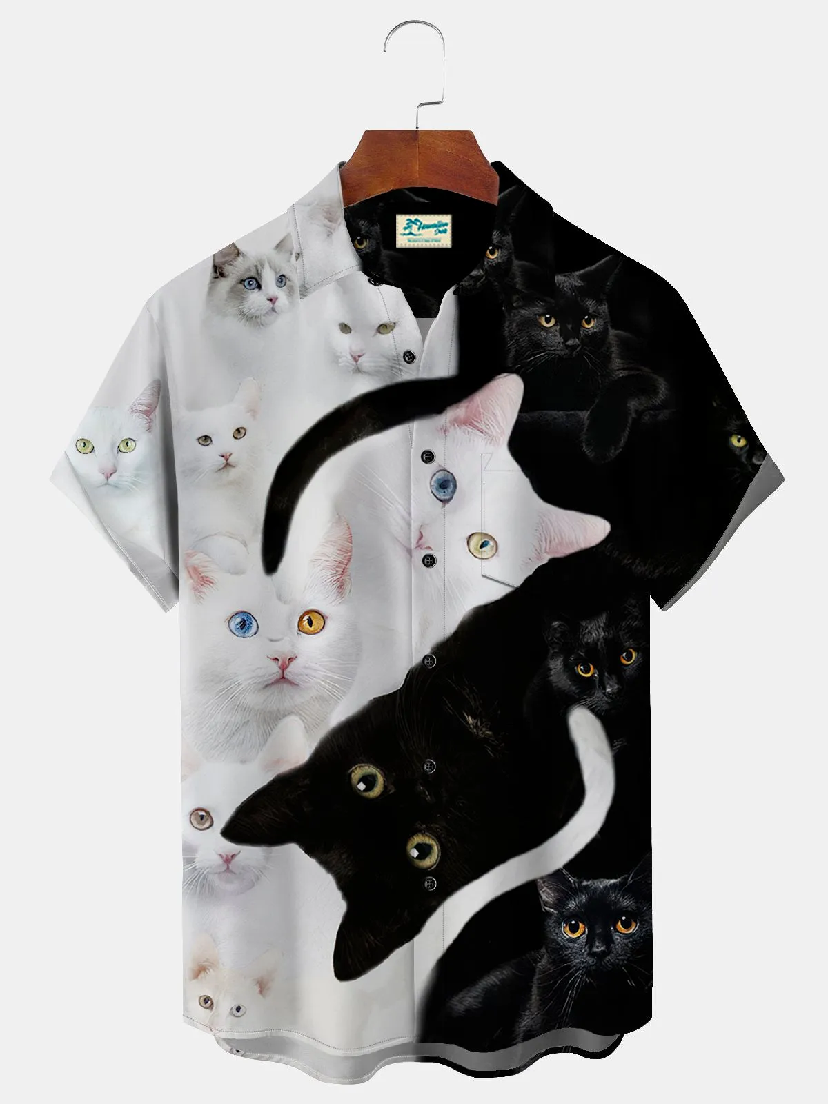 Alohadaddy Cute Black and White Cat Men's Casual Shirt Fun Cartoon Aloha Button Pocket Animal Shirts