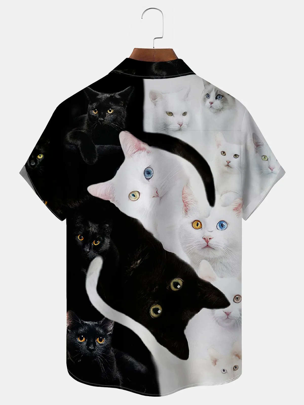 Alohadaddy Cute Black and White Cat Men's Casual Shirt Fun Cartoon Aloha Button Pocket Animal Shirts