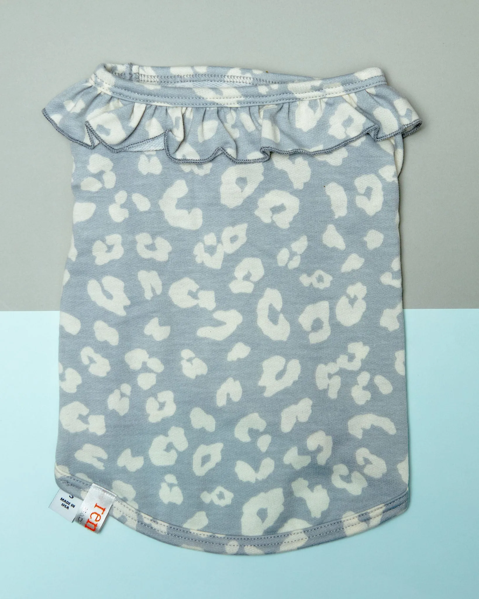 Animal Print Ruffle Neck Dog Top in Ivory and Grey (Made in the USA) (CLEARANCE)