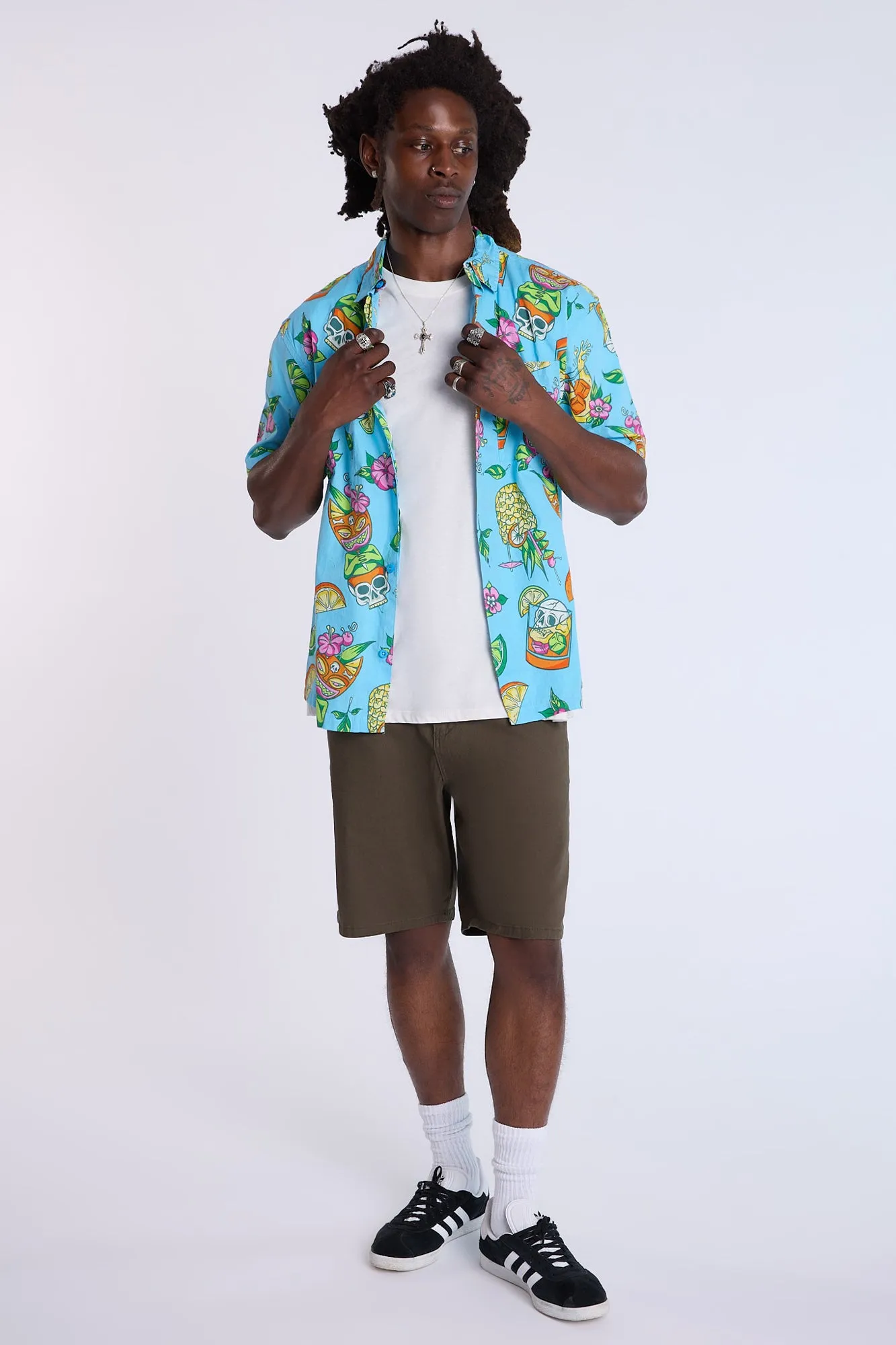 Arsenic Mens Tropical Skulls Button-Up Shirt