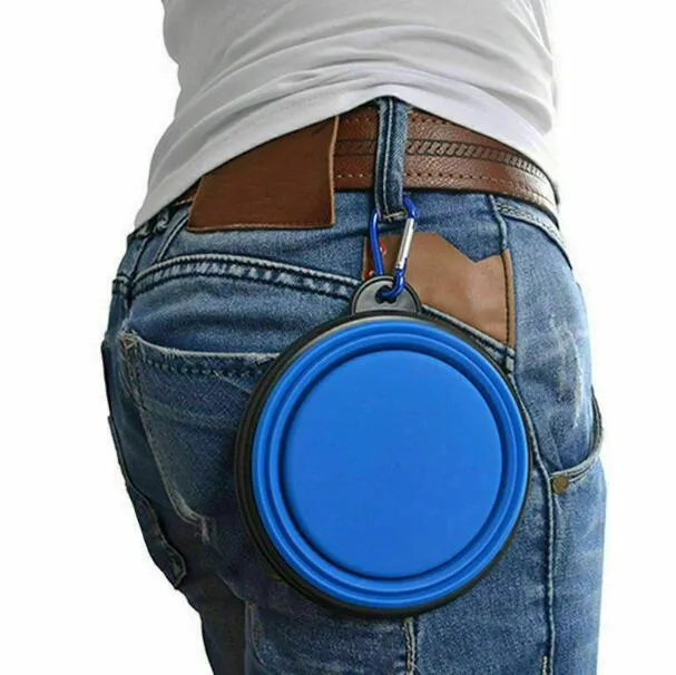 Collapsible Pet Water Bowl with hook Clip Blue