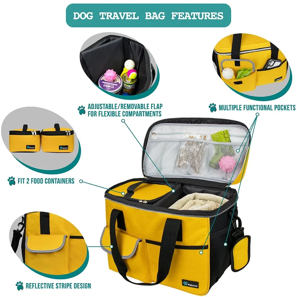 Dog Travel Bag, Travel Pet Bag Organizer, Dog Food Travel Bag with Food Container and Bowls, Dog Travel Supplies Gift Accessories for Weekend Camping, Dog Cat Diaper Bag (Navy, Large)