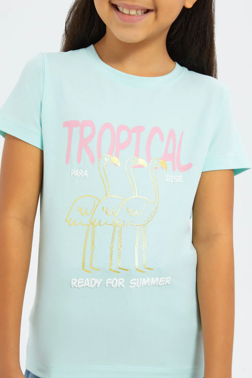 Girls Blue Tropical Foil Print T-Shirt