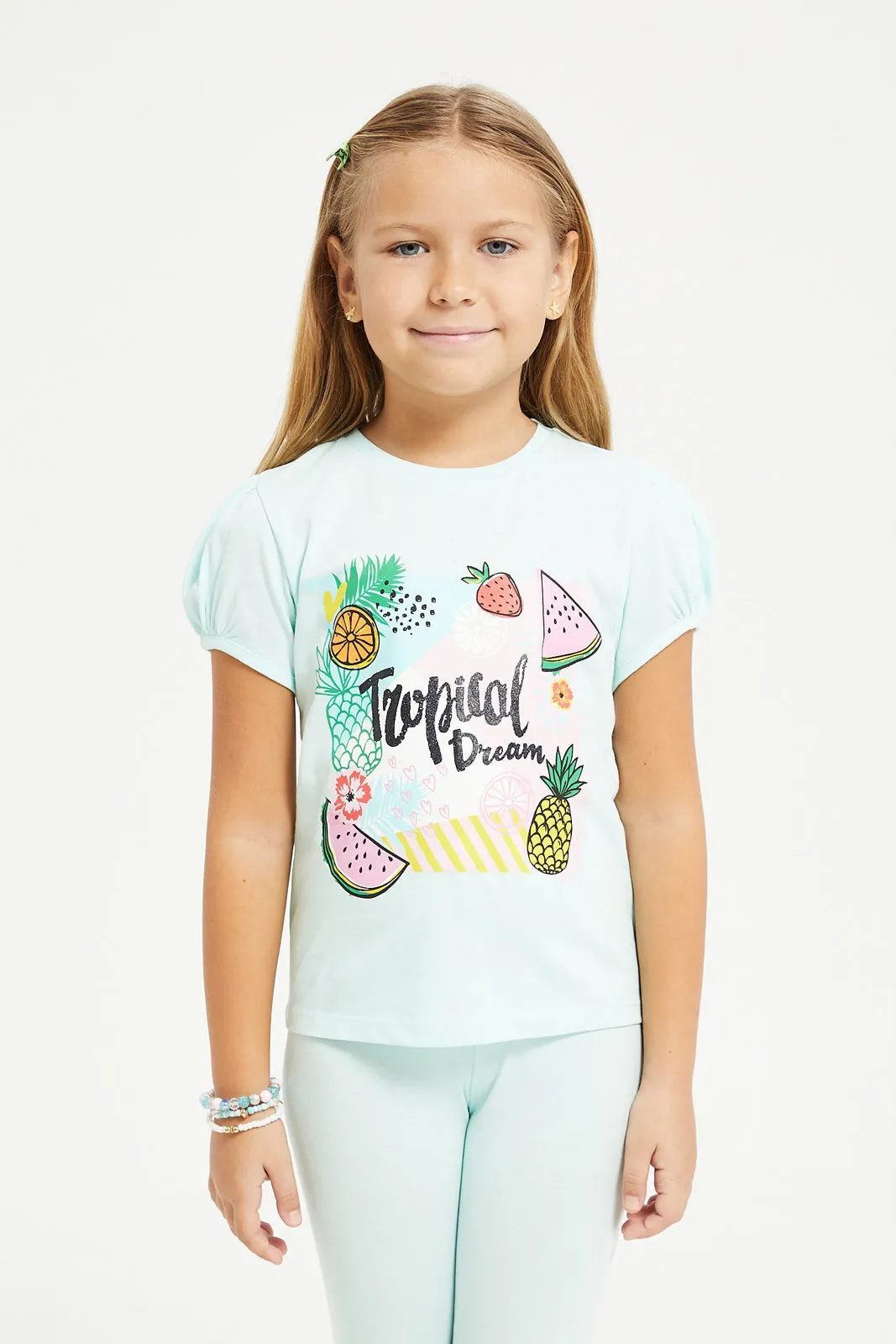Girls Mint Tropical Print T-Shirt