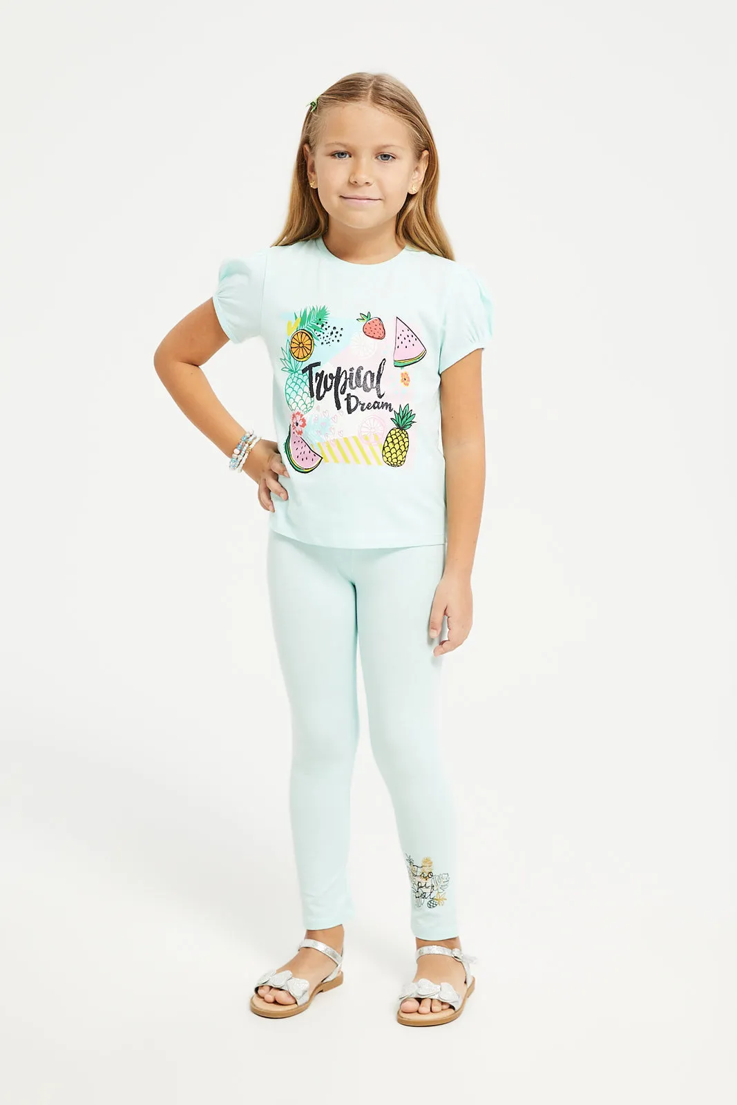 Girls Mint Tropical Print T-Shirt