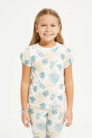 Girls White Tropical Leaf Print T-Shirt