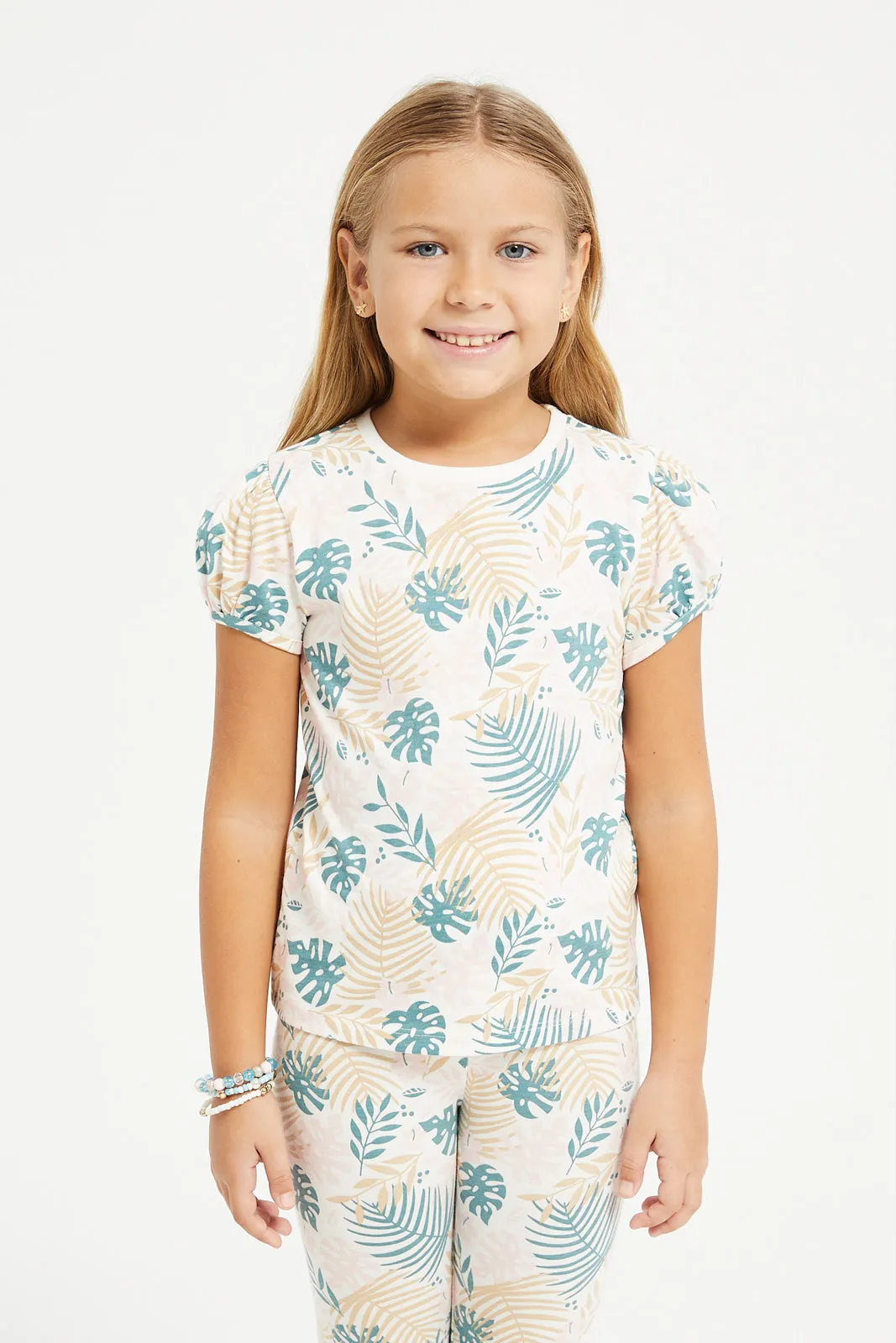 Girls White Tropical Leaf Print T-Shirt