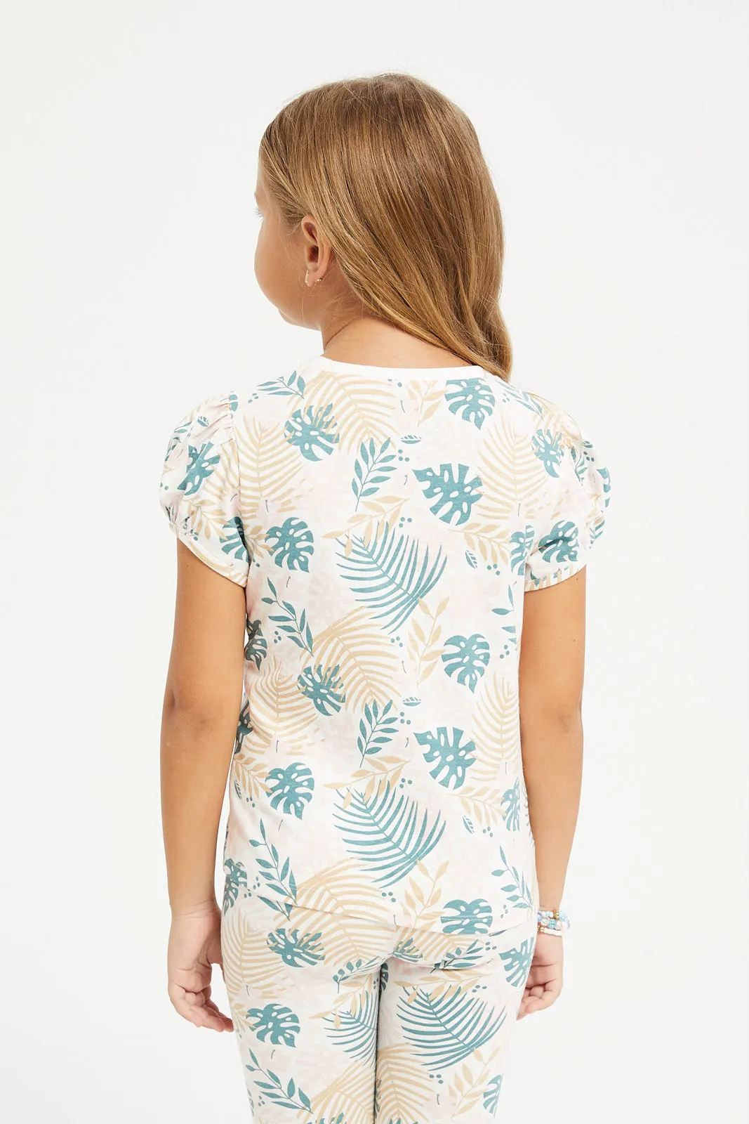 Girls White Tropical Leaf Print T-Shirt