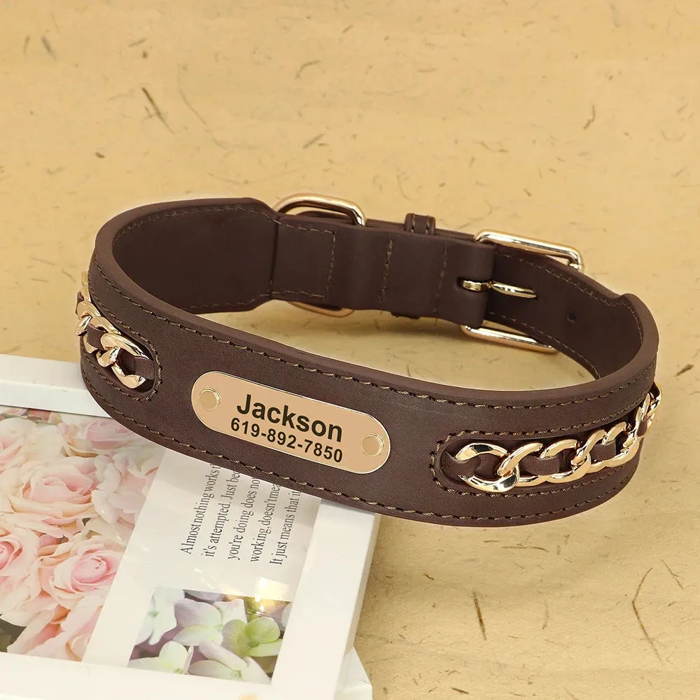 Personalized Durable Leather Dogs ID Collars | Anti-lost Name Tag Chain Accessories for Small Medium Large Dogs