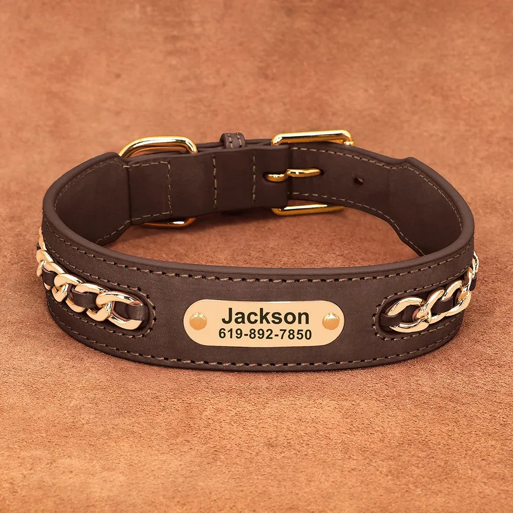 Personalized Durable Leather Dogs ID Collars | Anti-lost Name Tag Chain Accessories for Small Medium Large Dogs