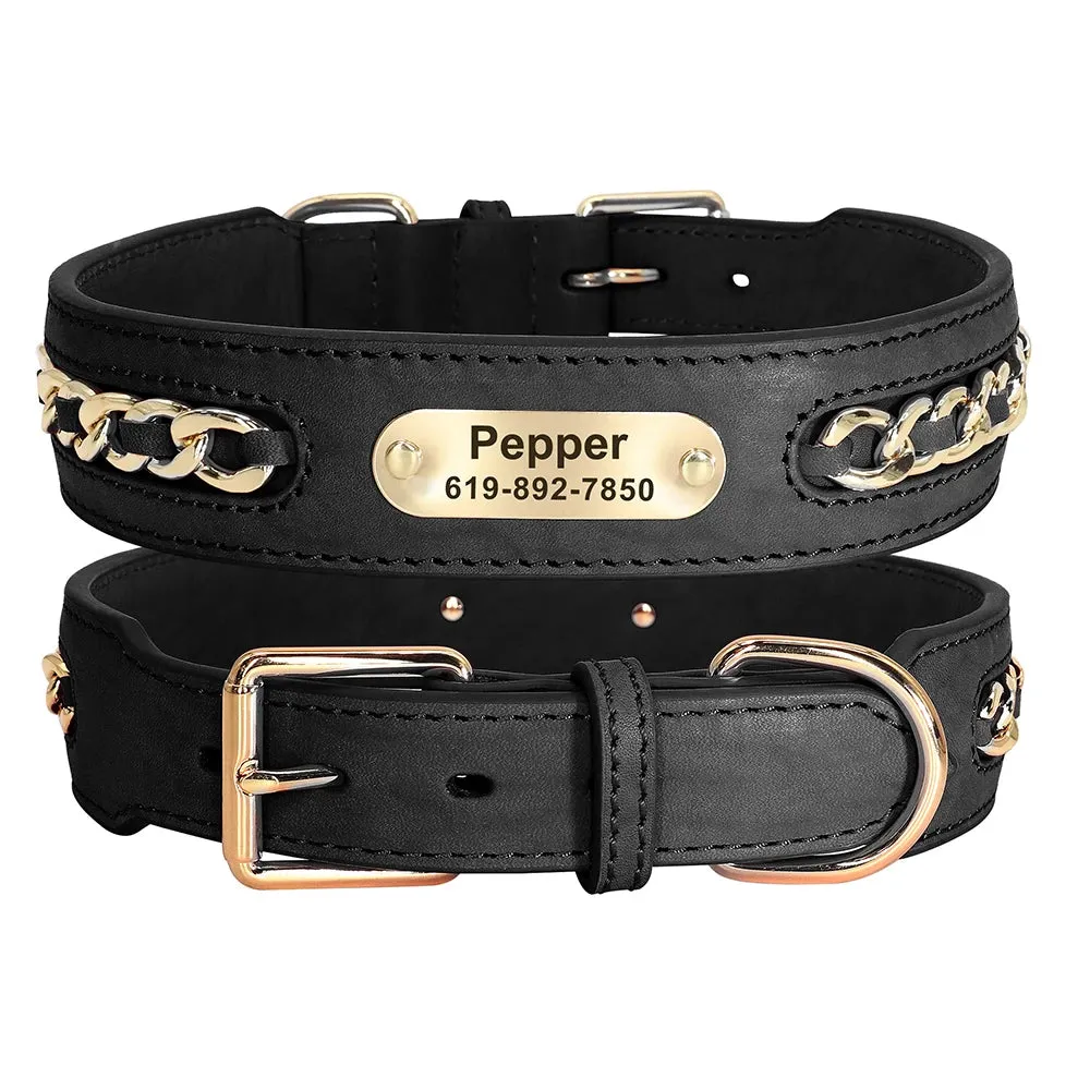 Personalized Durable Leather Dogs ID Collars | Anti-lost Name Tag Chain Accessories for Small Medium Large Dogs