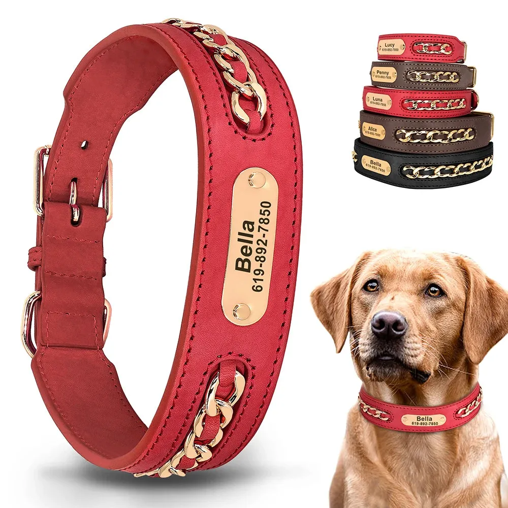 Personalized Durable Leather Dogs ID Collars | Anti-lost Name Tag Chain Accessories for Small Medium Large Dogs