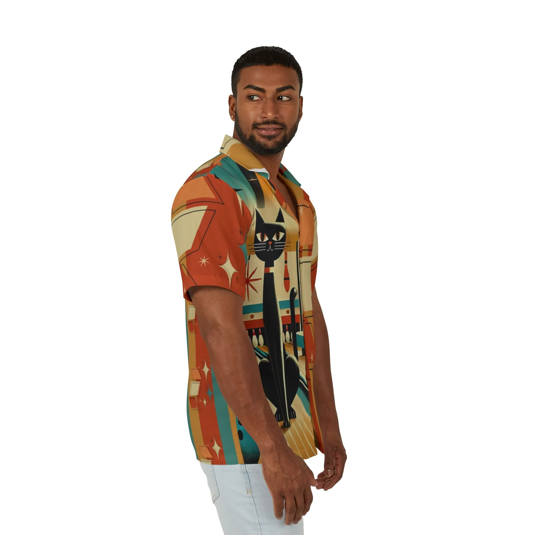 Retro Atomic Cat Bowling Shirt Funky Fun Vintage Bowling Cat Design