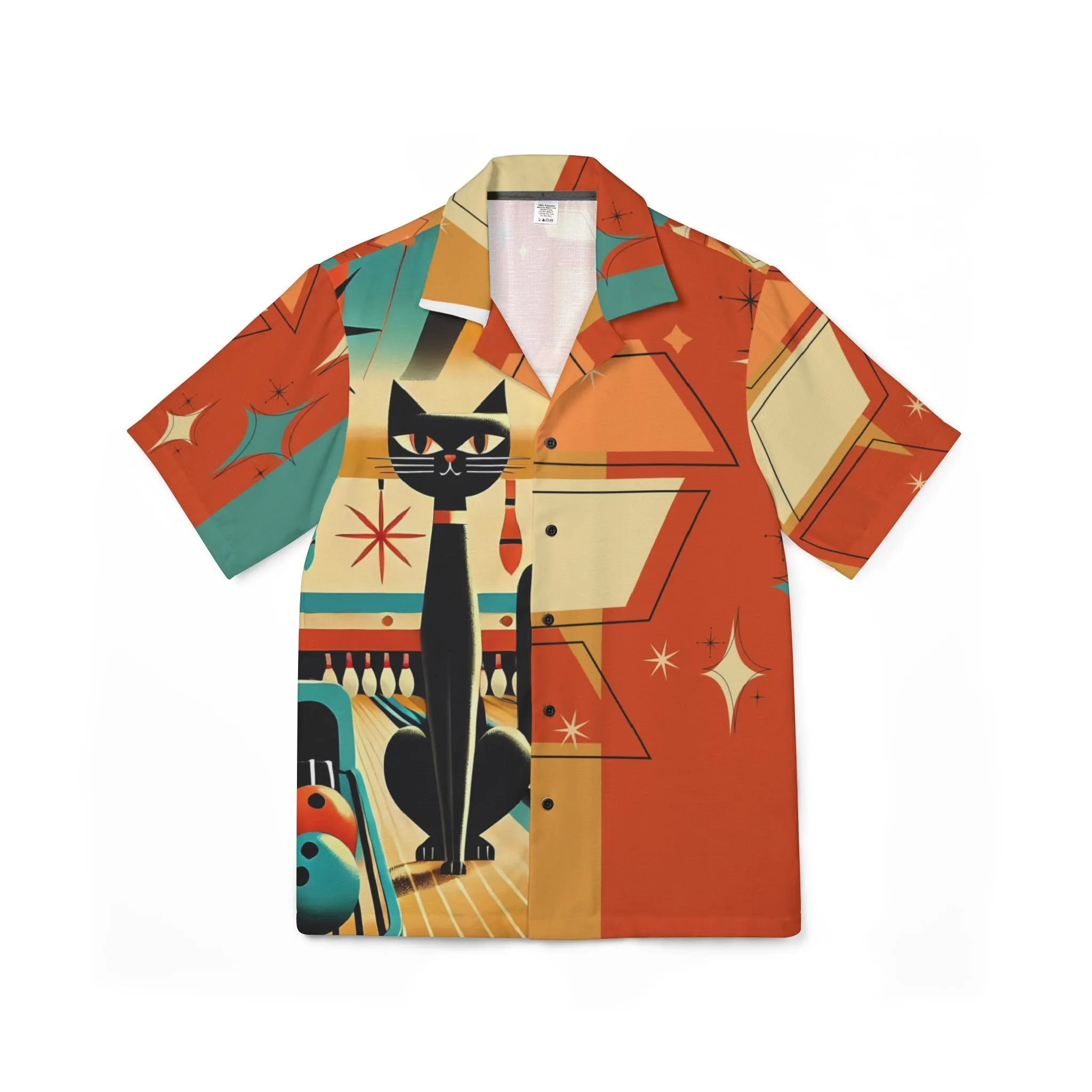 Retro Atomic Cat Bowling Shirt Funky Fun Vintage Bowling Cat Design