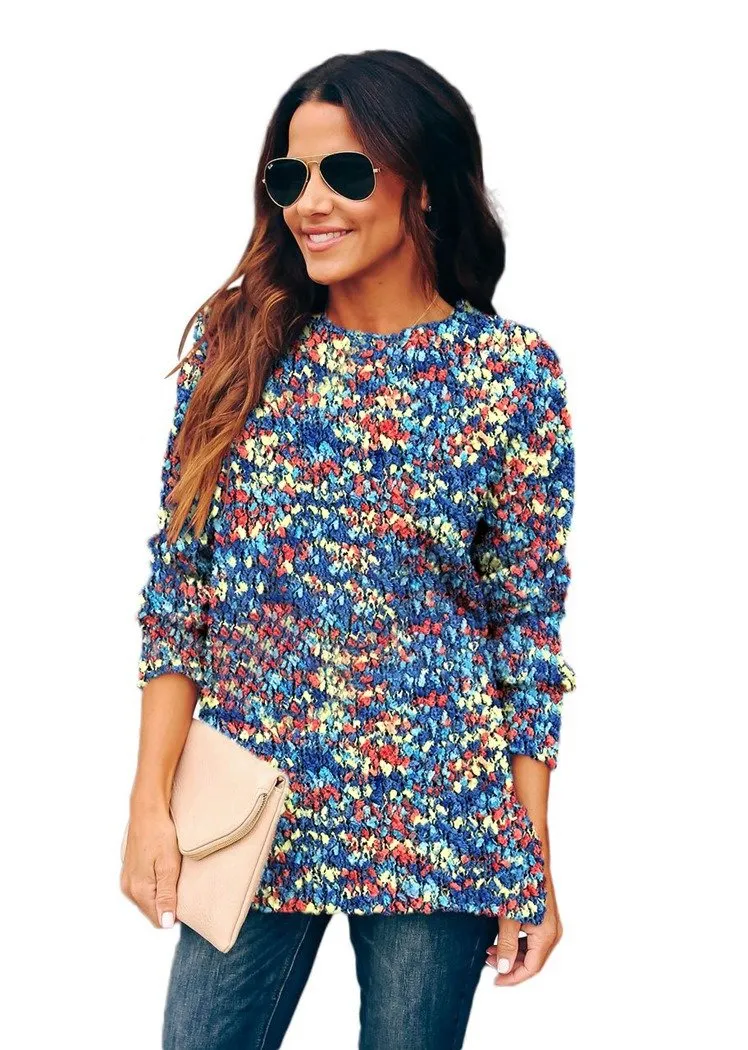 Women's Color Block Oversized Sweaters for Leggings Crewneck Side Slit Tunic Tops