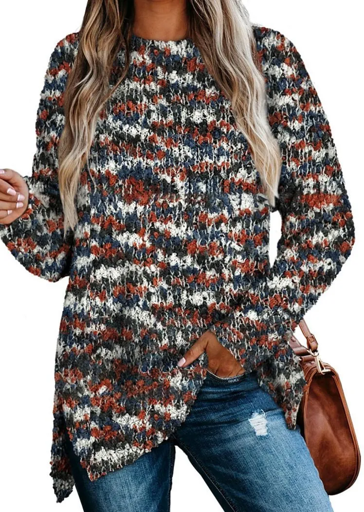 Women's Color Block Oversized Sweaters for Leggings Crewneck Side Slit Tunic Tops