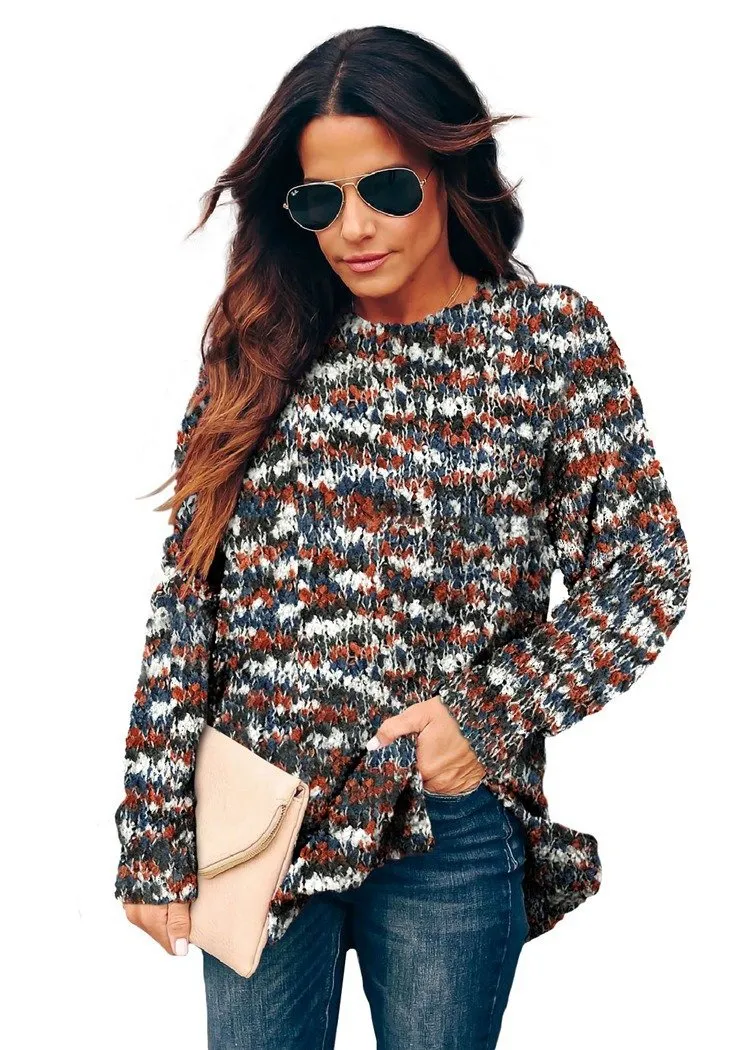 Women's Color Block Oversized Sweaters for Leggings Crewneck Side Slit Tunic Tops