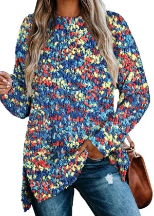 Women's Color Block Oversized Sweaters for Leggings Crewneck Side Slit Tunic Tops